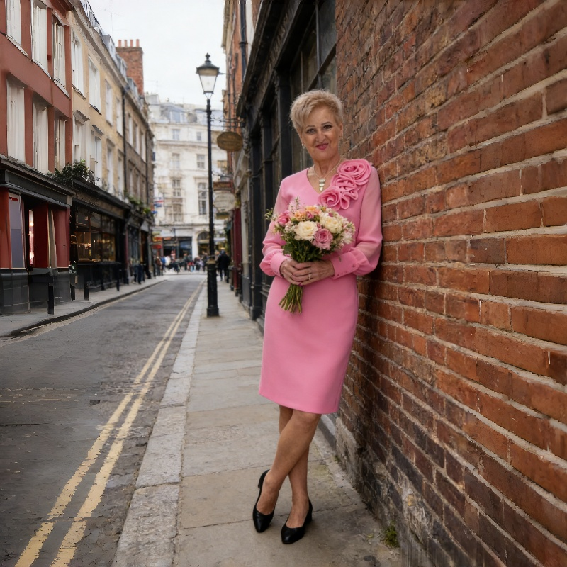 Women's Long Sheer Sleeve Dress with 3D Floral Detail