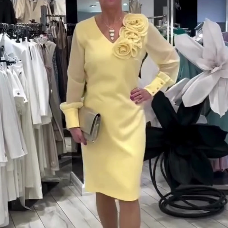 Women's Long Sheer Sleeve Dress with 3D Floral Detail