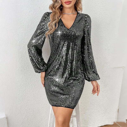 Women's Long Sleeve V-Neck Sequin Party Dress