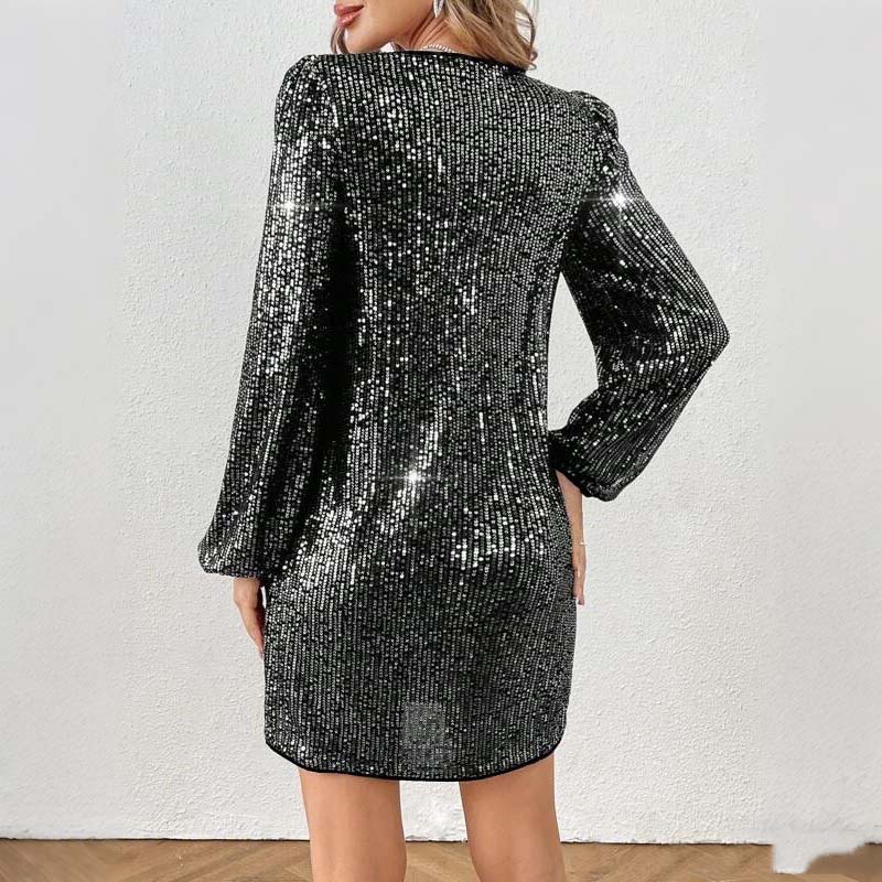 Women's Long Sleeve V-Neck Sequin Party Dress