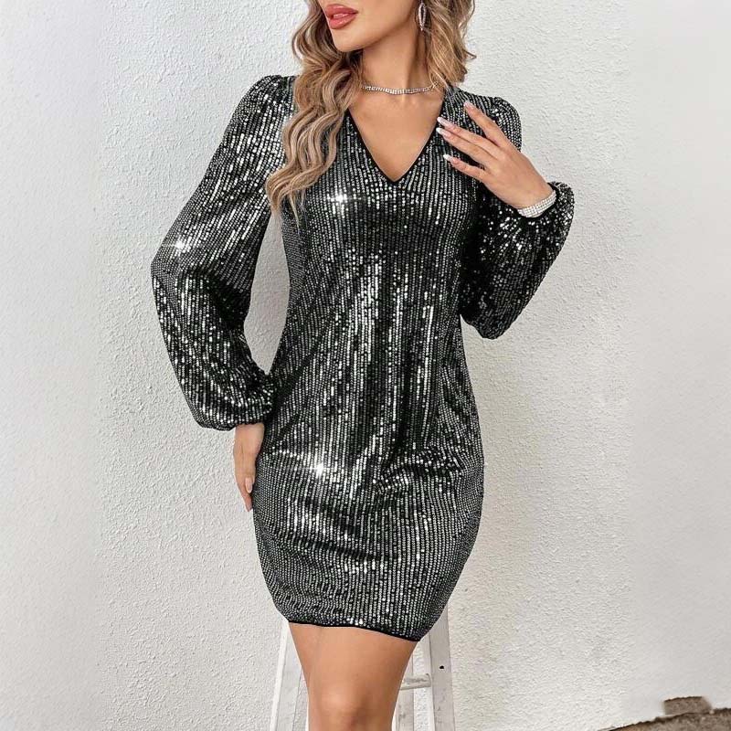 Women's Long Sleeve V-Neck Sequin Party Dress