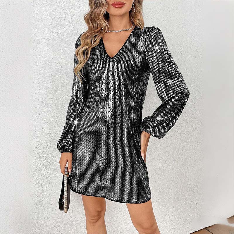 Women's Long Sleeve V-Neck Sequin Party Dress