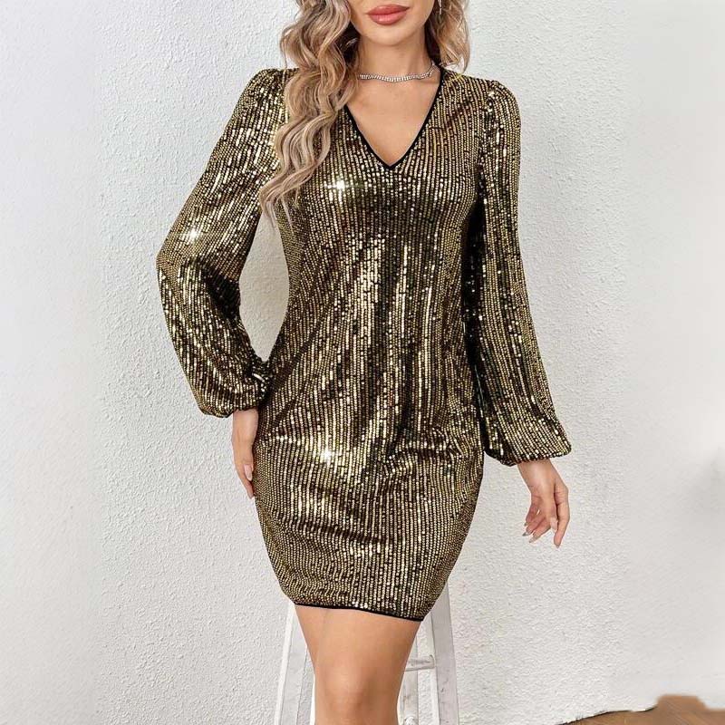 Women's Long Sleeve V-Neck Sequin Party Dress