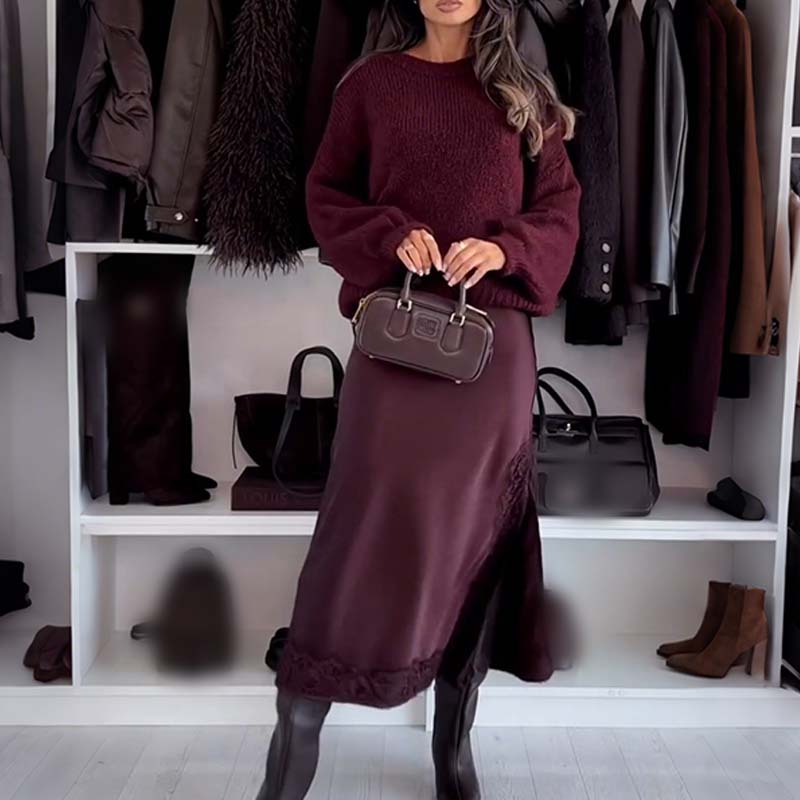 Women's Sweater & Lace Trim Slip Dress 2-Piece Set