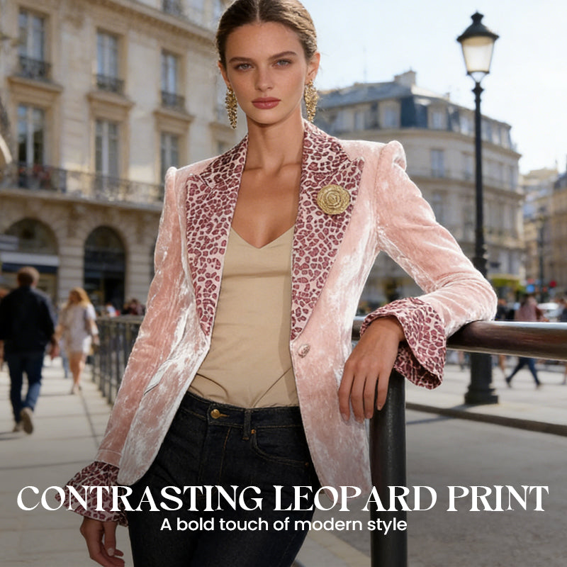 🔥Hot Deals✨Women's Velvet Blazer with Leopard-Print Lapel