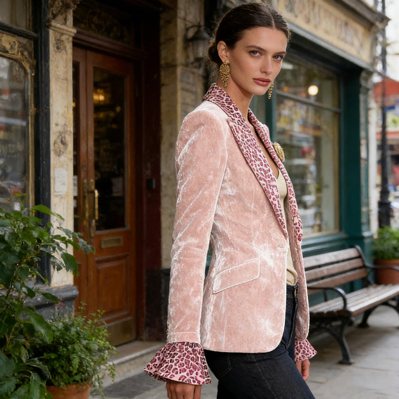 🔥Hot Deals✨Women's Velvet Blazer with Leopard-Print Lapel