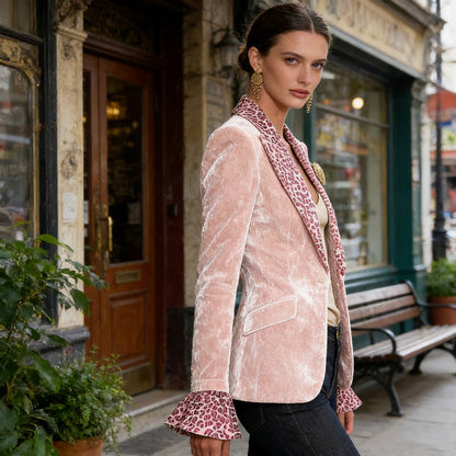🔥Hot Deals✨Women's Velvet Blazer with Leopard-Print Lapel