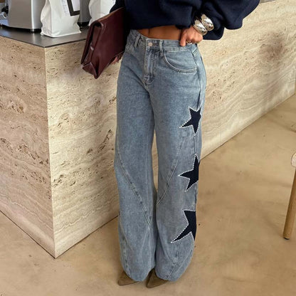Star Patch Rhinestone Wide-Leg Denim Pants