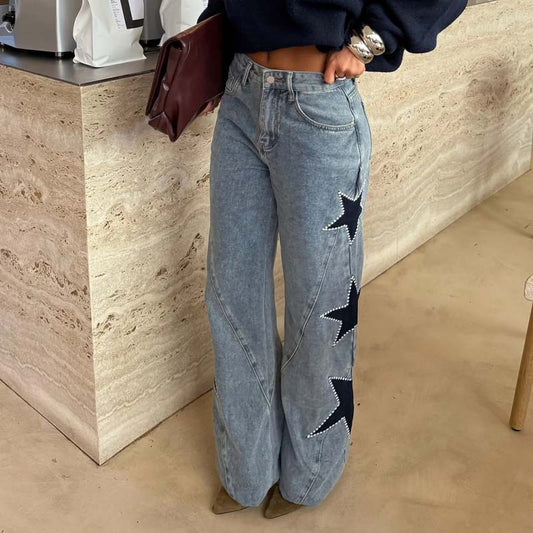 Star Patch Rhinestone Wide-Leg Denim Pants