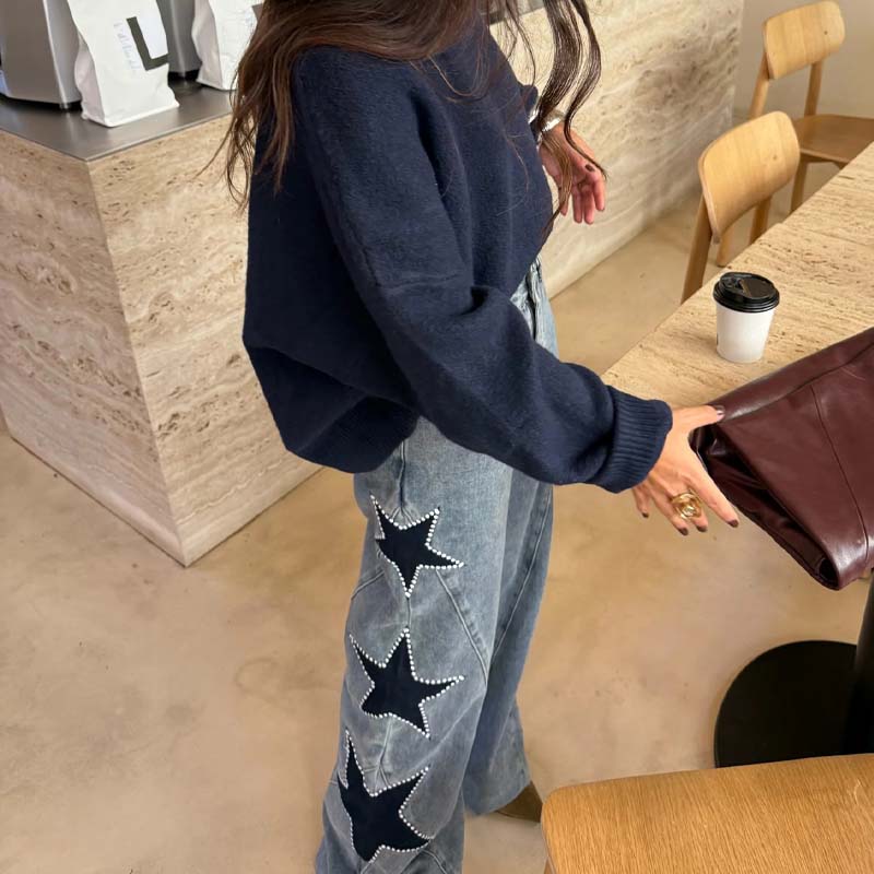Star Patch Rhinestone Wide-Leg Denim Pants