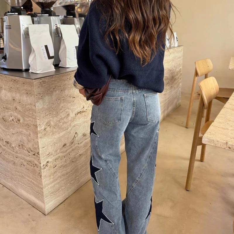 Star Patch Rhinestone Wide-Leg Denim Pants