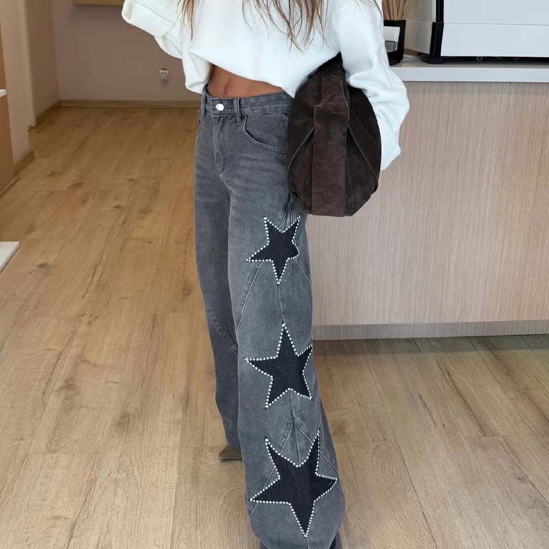 Star Patch Rhinestone Wide-Leg Denim Pants