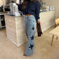 Star Patch Rhinestone Wide-Leg Denim Pants