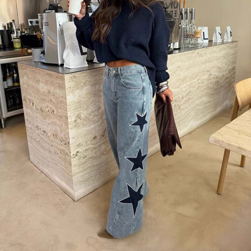 Star Patch Rhinestone Wide-Leg Denim Pants