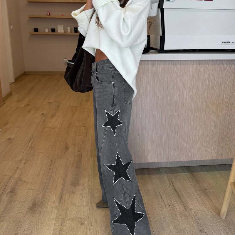 Star Patch Rhinestone Wide-Leg Denim Pants