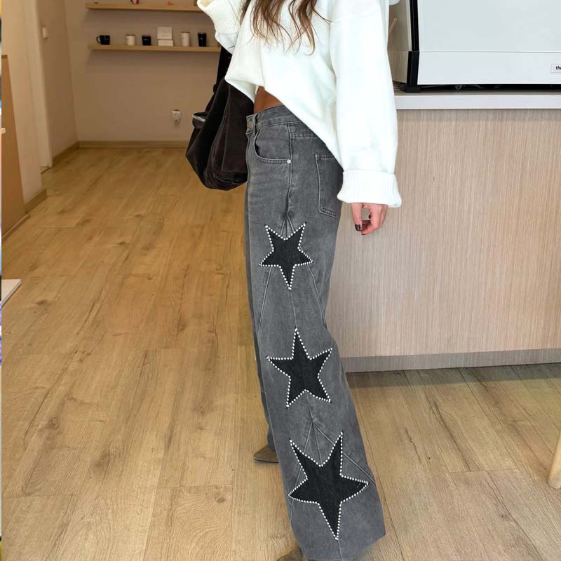 Star Patch Rhinestone Wide-Leg Denim Pants