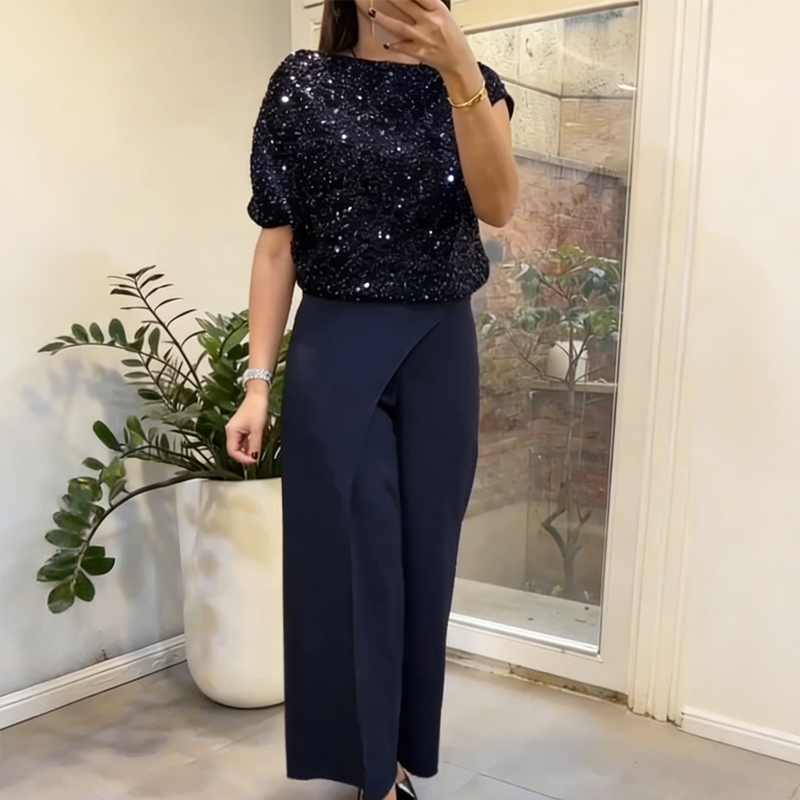 Elegant Sequin Top & Split-Front Pants Set