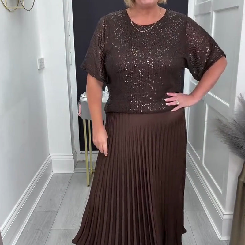Women's Sequin Top and Pleated Skirt Set