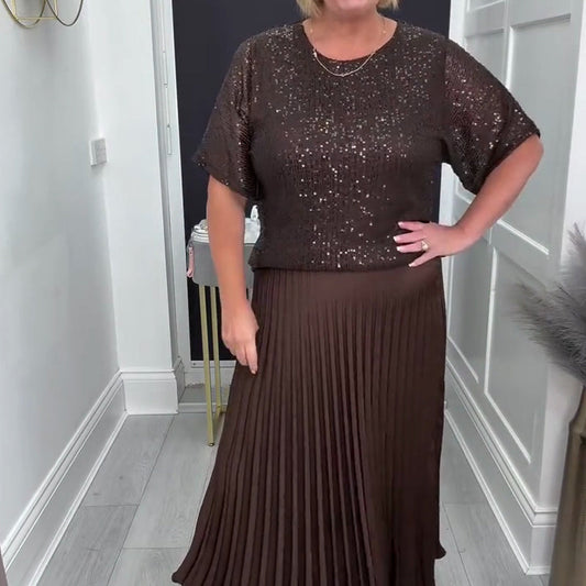 Women's Sequin Top and Pleated Skirt Set