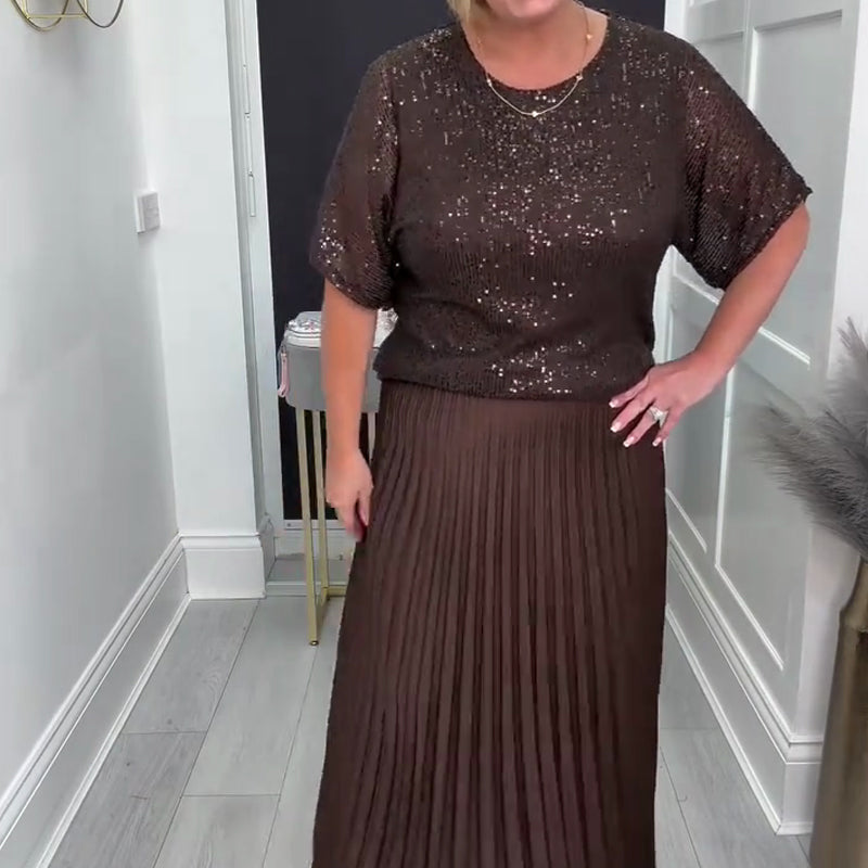 Women's Sequin Top and Pleated Skirt Set
