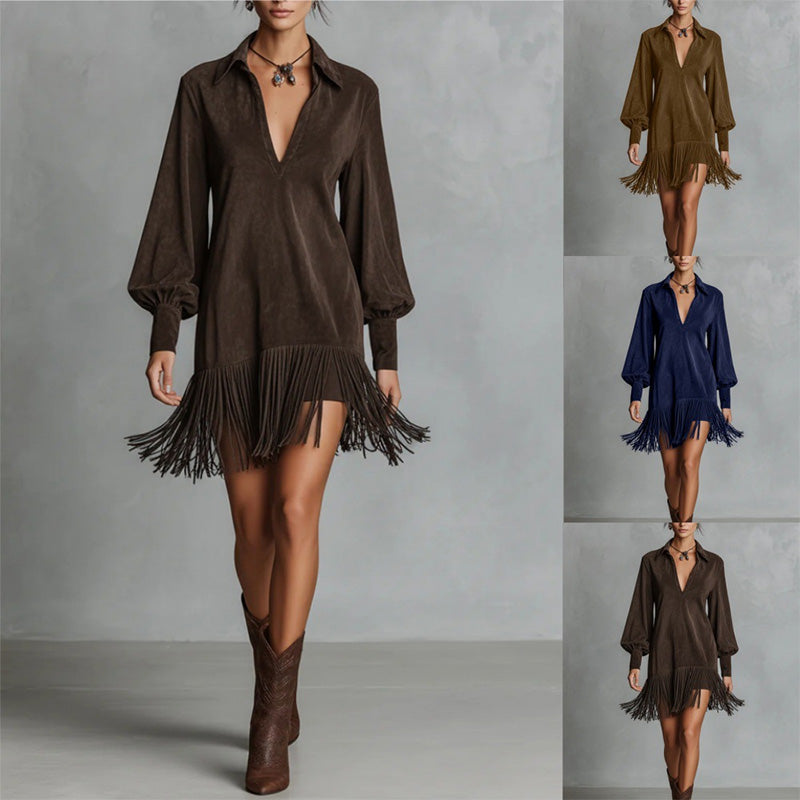 Women's Long Sleeve V-Neck Fringed Faux Suede Dress