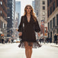 Women's Long Sleeve V-Neck Fringed Faux Suede Dress