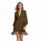 Women's Long Sleeve V-Neck Fringed Faux Suede Dress