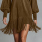 Women's Long Sleeve V-Neck Fringed Faux Suede Dress