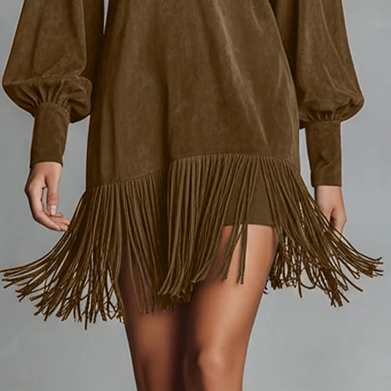 Women's Long Sleeve V-Neck Fringed Faux Suede Dress