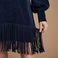 Women's Long Sleeve V-Neck Fringed Faux Suede Dress