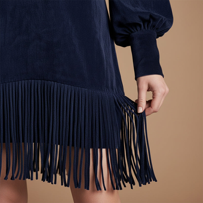 Women's Long Sleeve V-Neck Fringed Faux Suede Dress