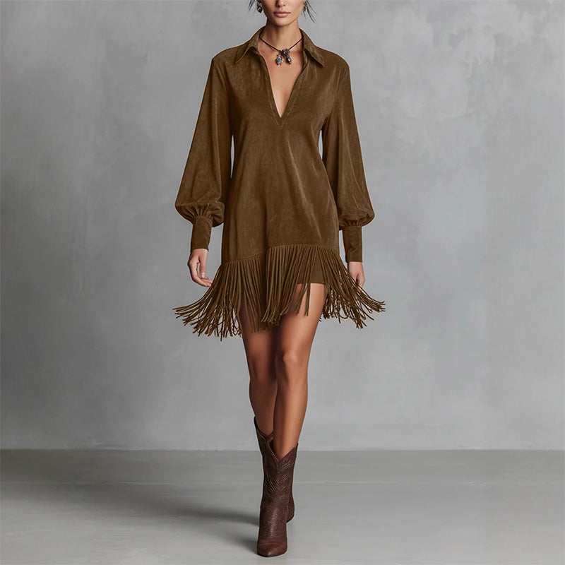 Women's Long Sleeve V-Neck Fringed Faux Suede Dress