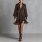 Women's Long Sleeve V-Neck Fringed Faux Suede Dress