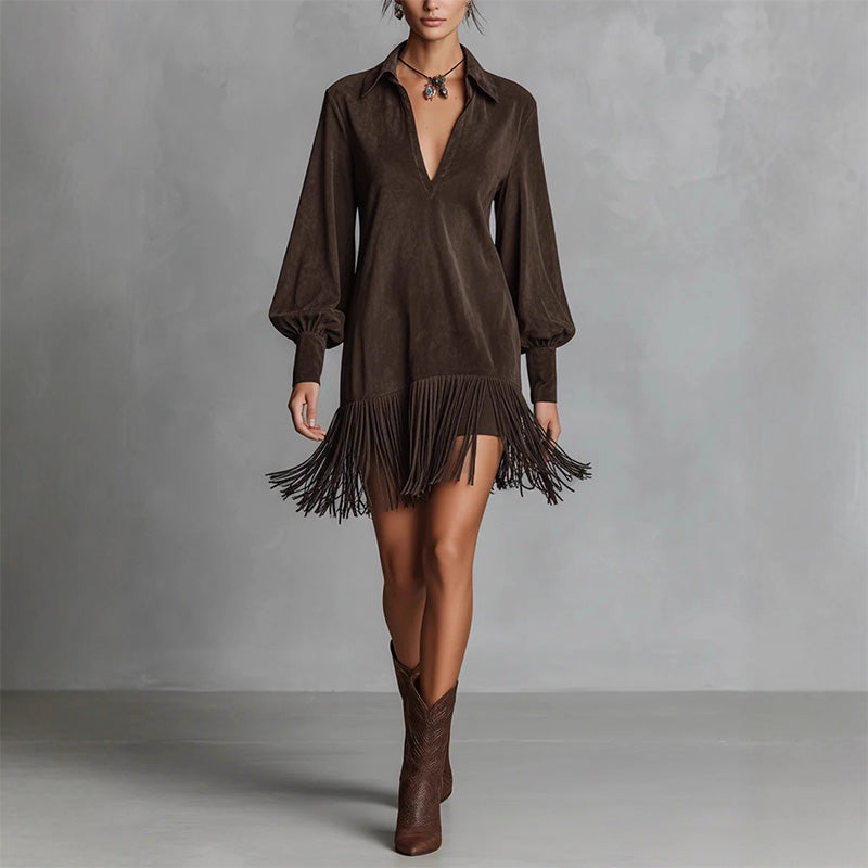Women's Long Sleeve V-Neck Fringed Faux Suede Dress