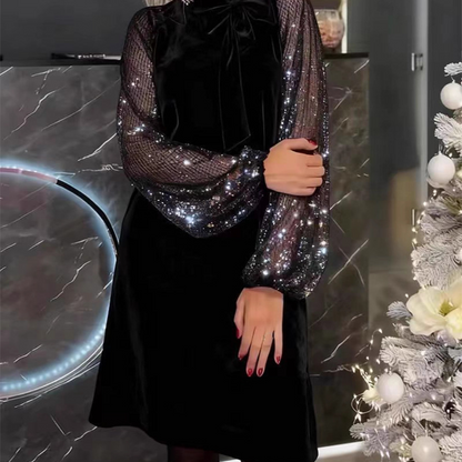 Women's Sequin Bow Tie Neck Dress
