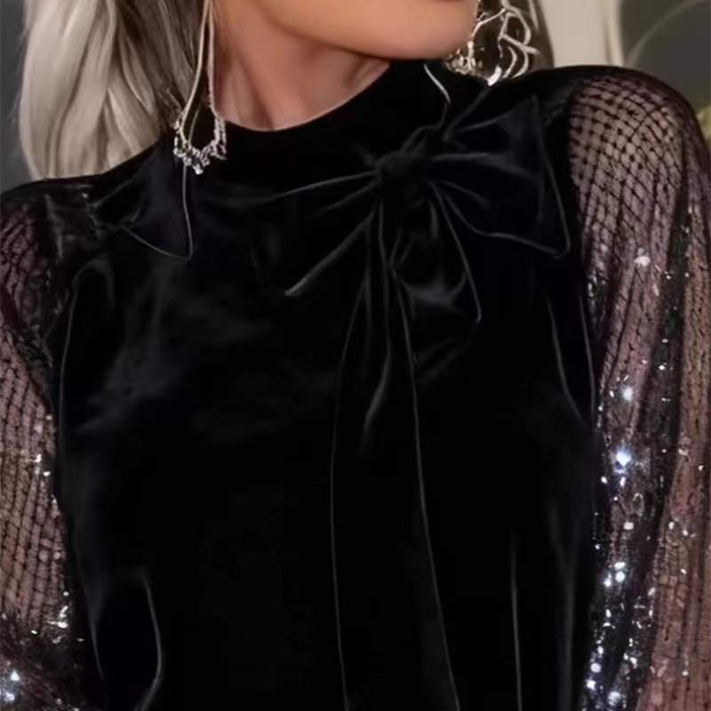 Women's Sequin Bow Tie Neck Dress