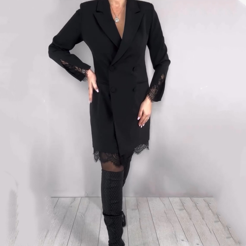 Lace Trim Double-Breasted Blazer Dress
