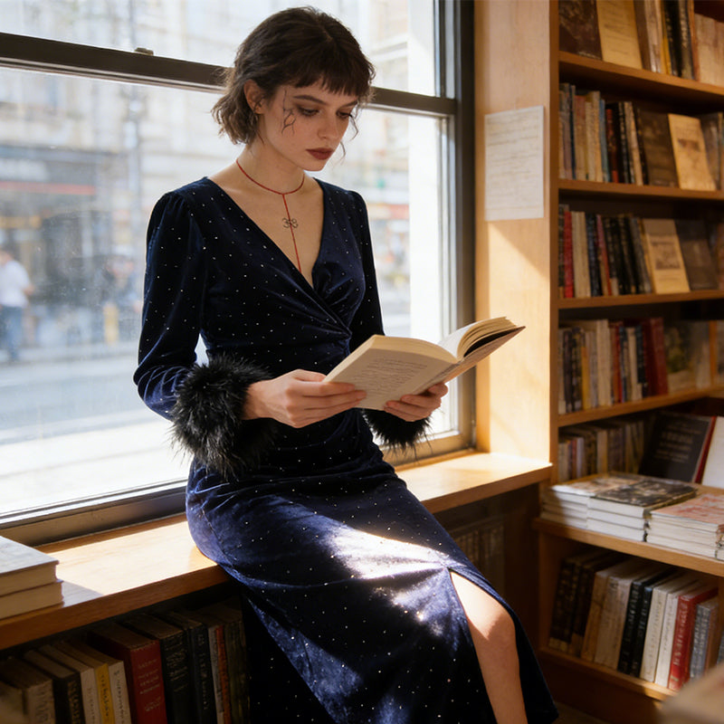 Shimmering Wrap Midi Dress with Plush Cuffs