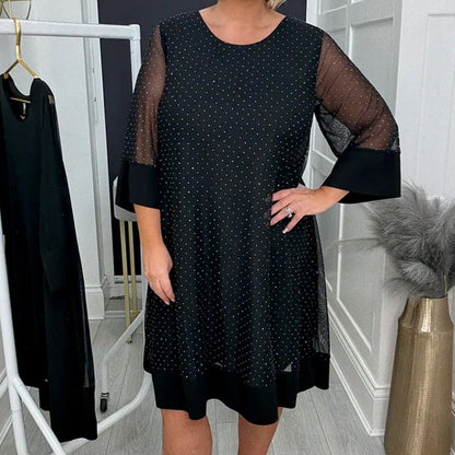 Women's Sparkly Rhinestone Dress with Sheer Sleeves