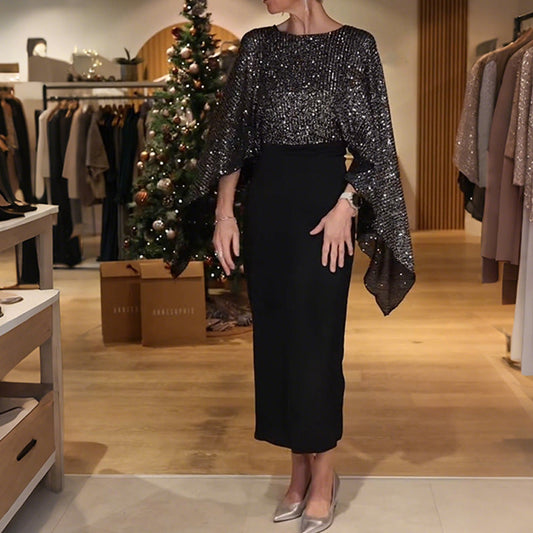 Women’s Elegant Sequin Cape Sleeve Dress