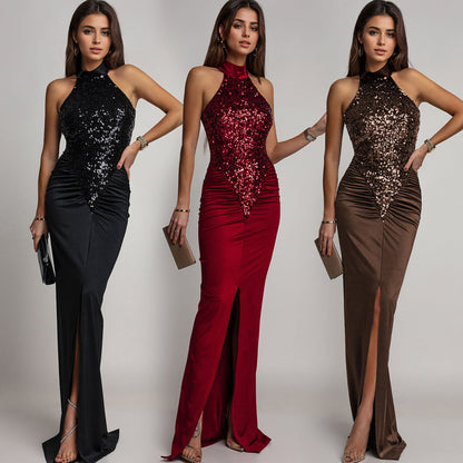 Women’s Stunning Sequin Halter Slit Maxi Dress