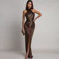 Women’s Stunning Sequin Halter Slit Maxi Dress