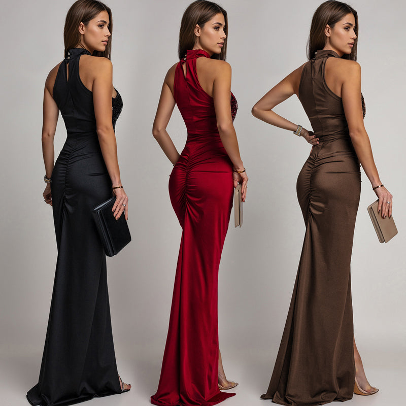 Women’s Stunning Sequin Halter Slit Maxi Dress