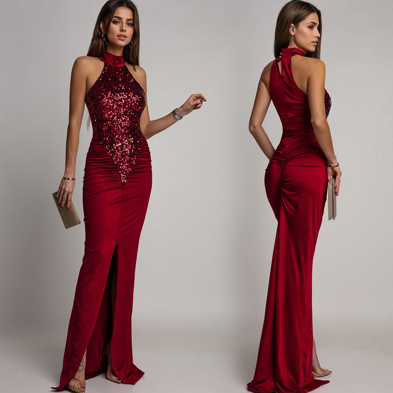 Women’s Stunning Sequin Halter Slit Maxi Dress