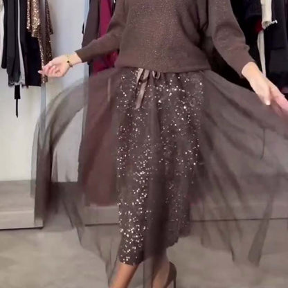 Women's Fashion Knit Top & Mesh Dress 2-Piece Set