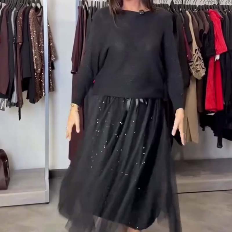 Women's Fashion Knit Top & Mesh Dress 2-Piece Set