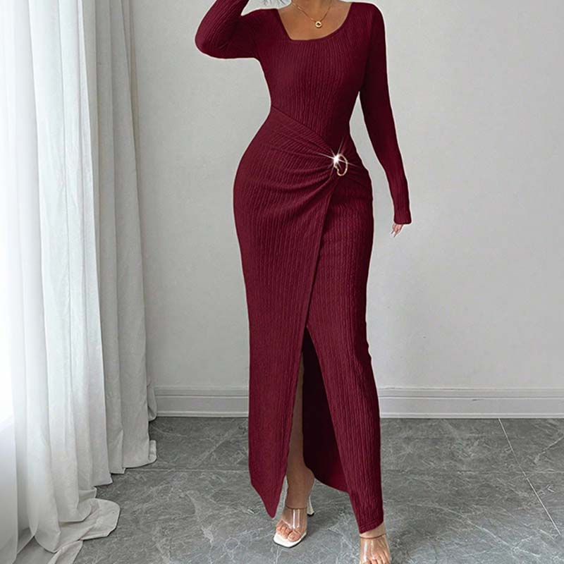 Elegant Buckle Detail Split Thigh Bodycon Dress