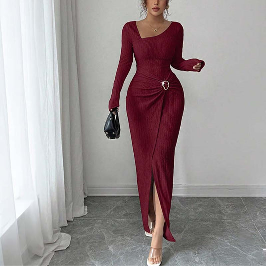 Elegant Buckle Detail Split Thigh Bodycon Dress