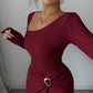 Elegant Buckle Detail Split Thigh Bodycon Dress