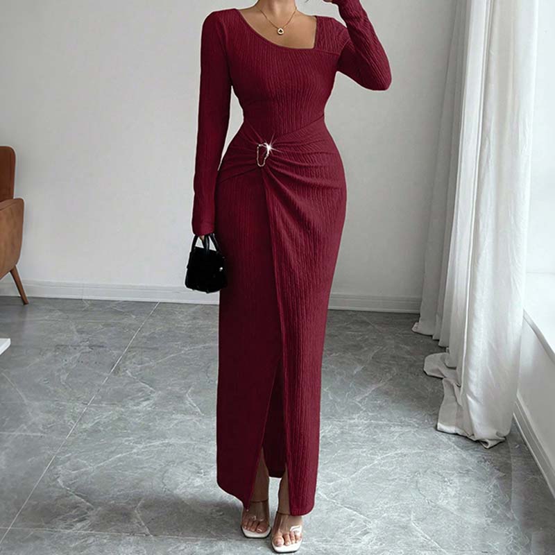 Elegant Buckle Detail Split Thigh Bodycon Dress